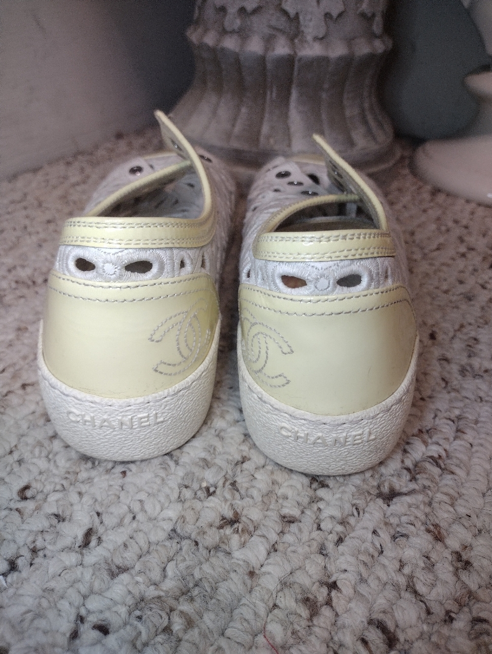 Chanel White & Cream Floral Laser Cutout Lace-up Sneakers - Picture 3 of 9